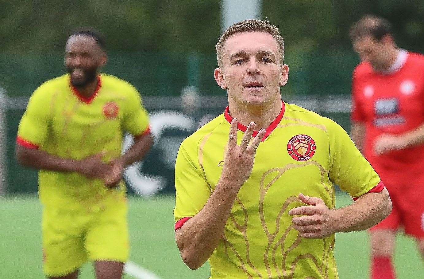 Whitstable midfielder Josh Oliver is pleased with his hat-trick in their weekend 4-2 win. Picture: Les Biggs