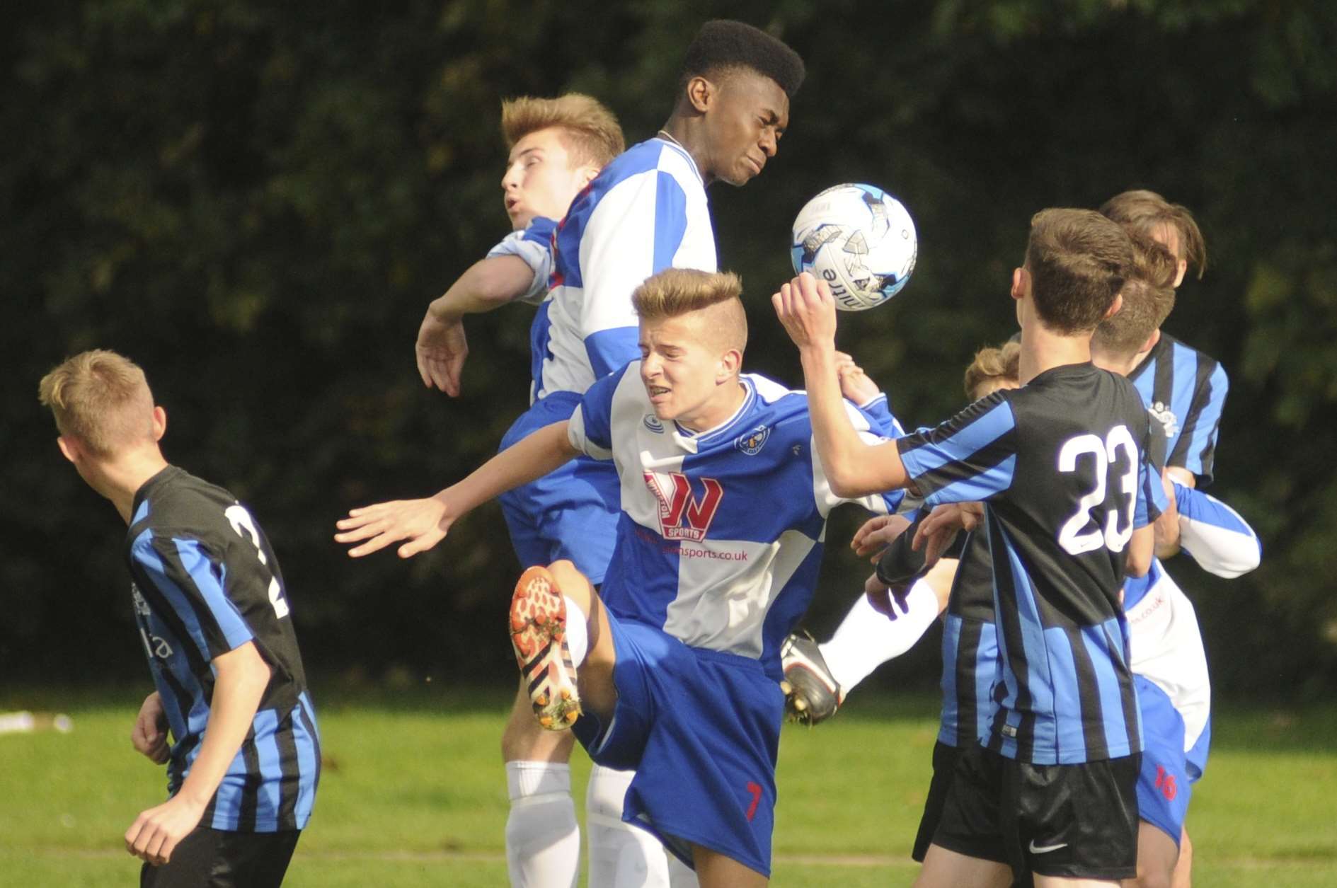 Bredhurst Juniors under-18s (blue and white) take on Omega 92 Spartans in Division 2 Picture: Steve Crispe