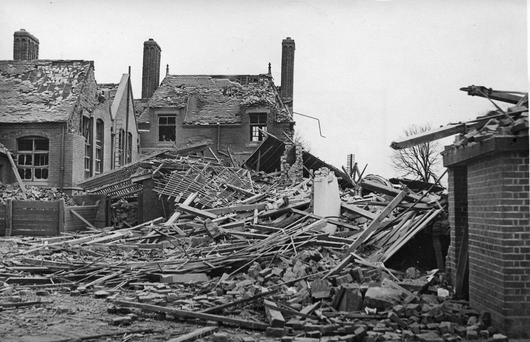 The school was left in ruins following the attack which had targeted the town's railway works. Picture: Steve Salter