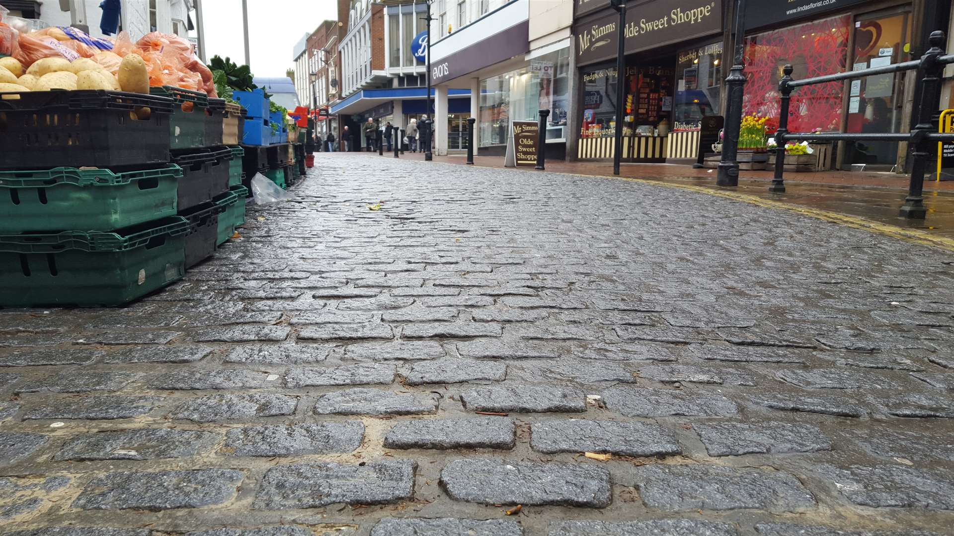 The High Street on a dreary day.