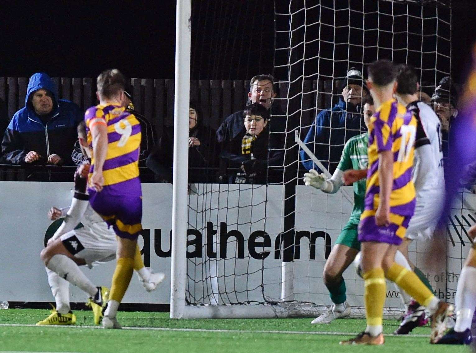 Deal Town striker Aaron Millbank fires in one of his two goals. Picture: Ian Scammell