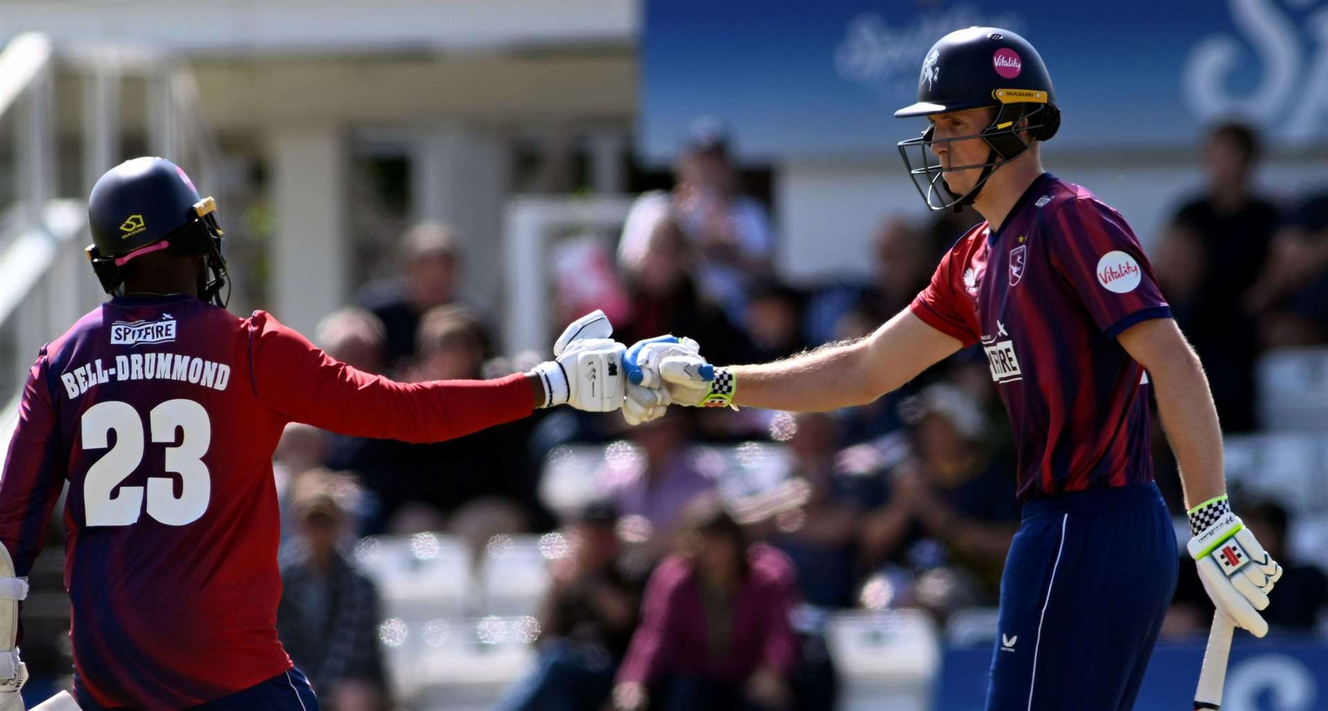 Daniel Bell-Drummond and Zak Crawley in T20 Blast action for Kent Spitfires in Canterbury against Gloucestershire - Spitfires will start their 2025 Blast campaign against the same opponents in Bristol. Picture: Barry Goodwin