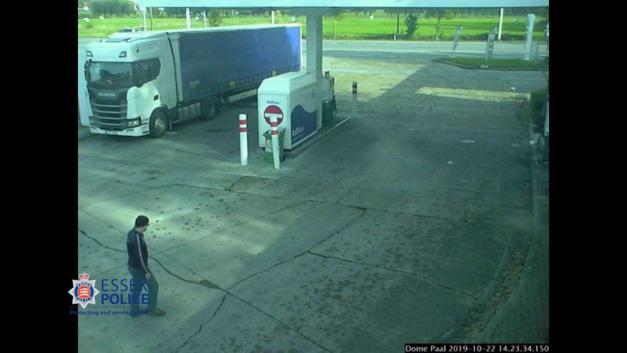 Lorry driver Eamonn Harrison filmed on CCTV filling up with fuel at a Belgian petrol station. Picture: Essex Police