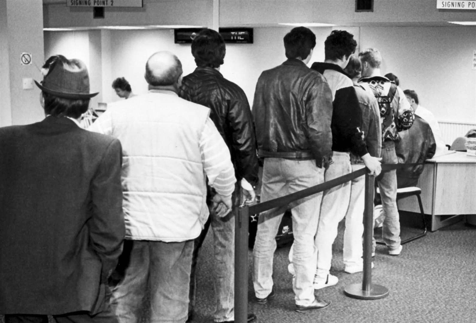 Signing on at the Job Centre in Chatham in 1991