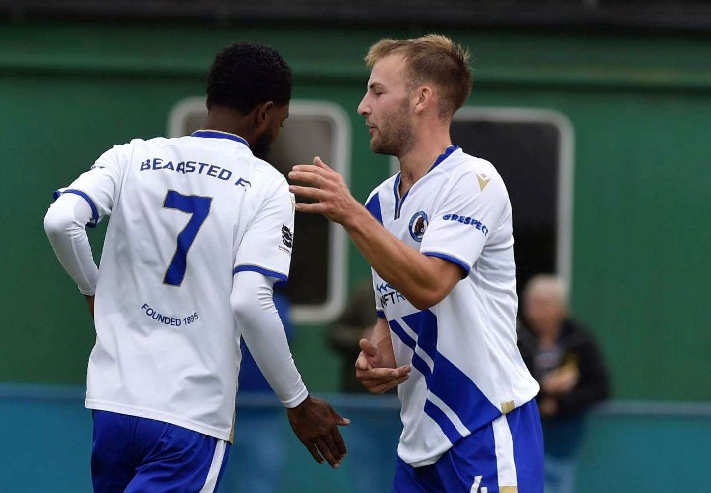 Jason Banton with Bearsted team-mate Jack Palmby during their 5-2 FA Vase home win on Saturday. Picture: Ian Scammell