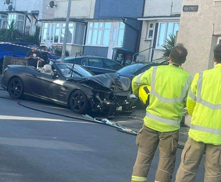 A woman was arrested after hitting a parked car and a building in Garlinge High Street. Picture: Lisa Davis