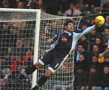 ACTION MAN: Larrieu is Gillingham's fourth loan keeper this season. Picture: LUCY BLAKE/ THE HERALD