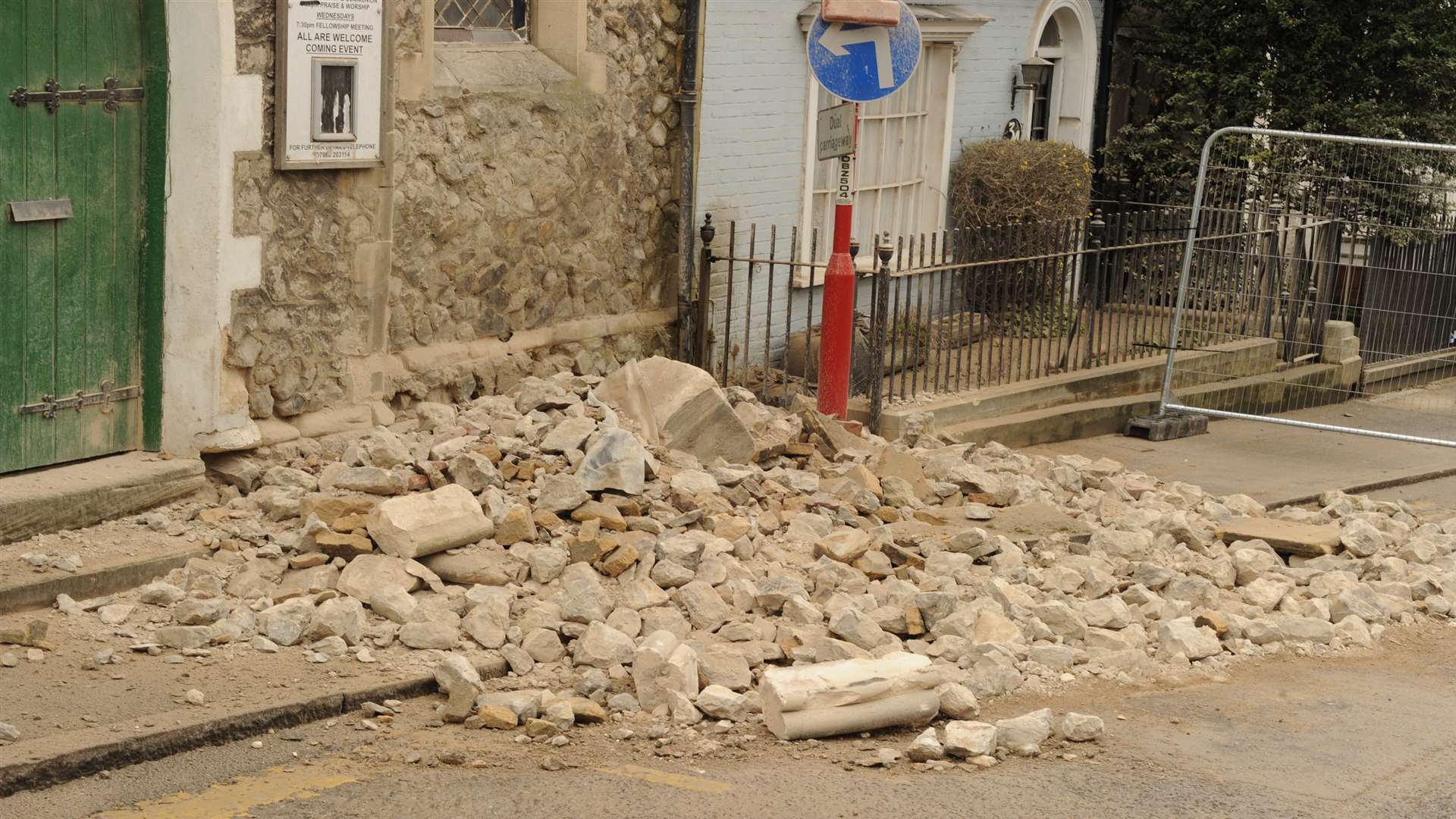 A traffic sign was damaged during the fall.