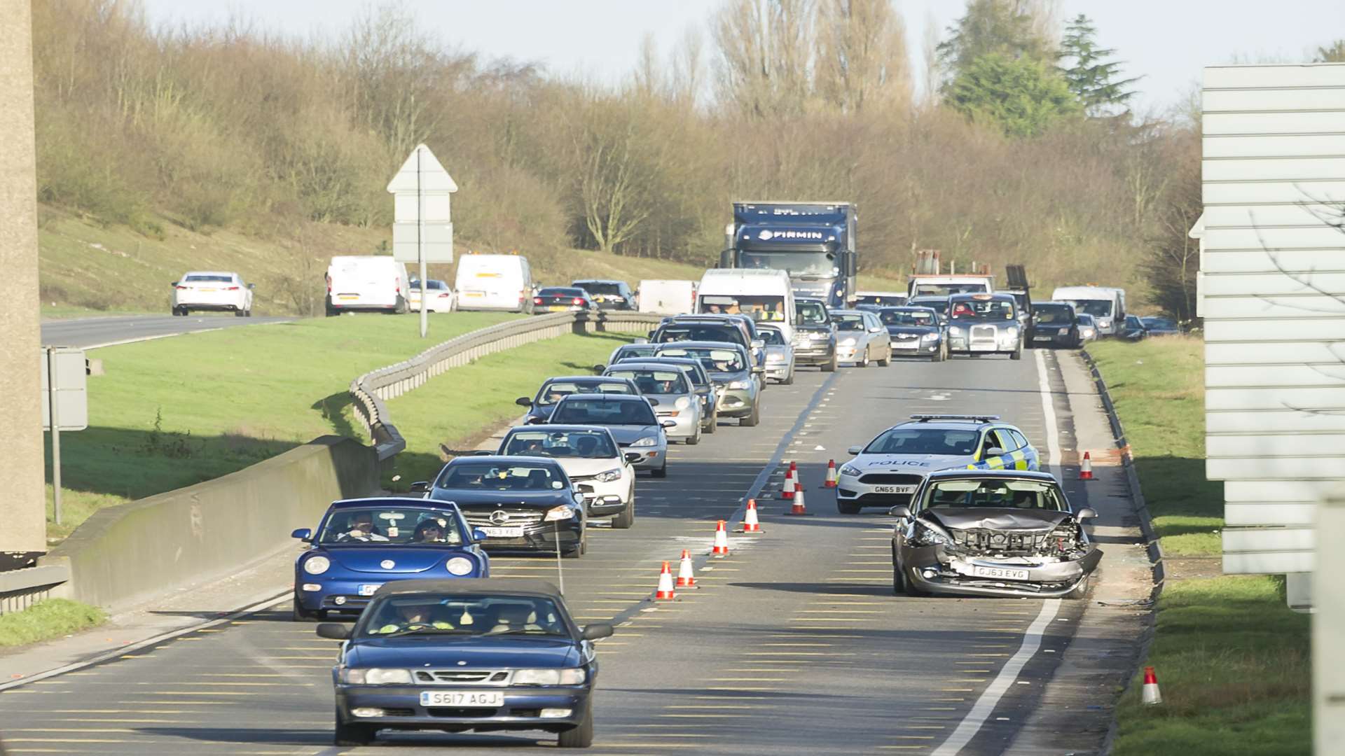 A crashed car on the Maidstone-bound A249 approach to the Stockbury roundabout. Picture: Andy Payton