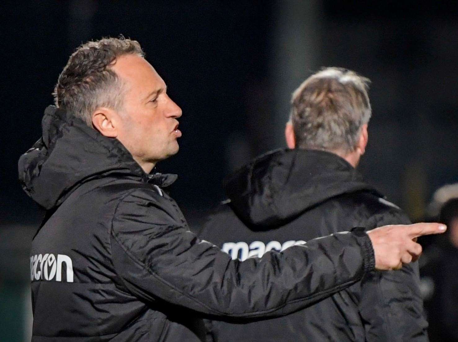 Dover manager Jake Leberl dishes out instructions from the sidelines against Canvey Island. Photo: Stuart Watson