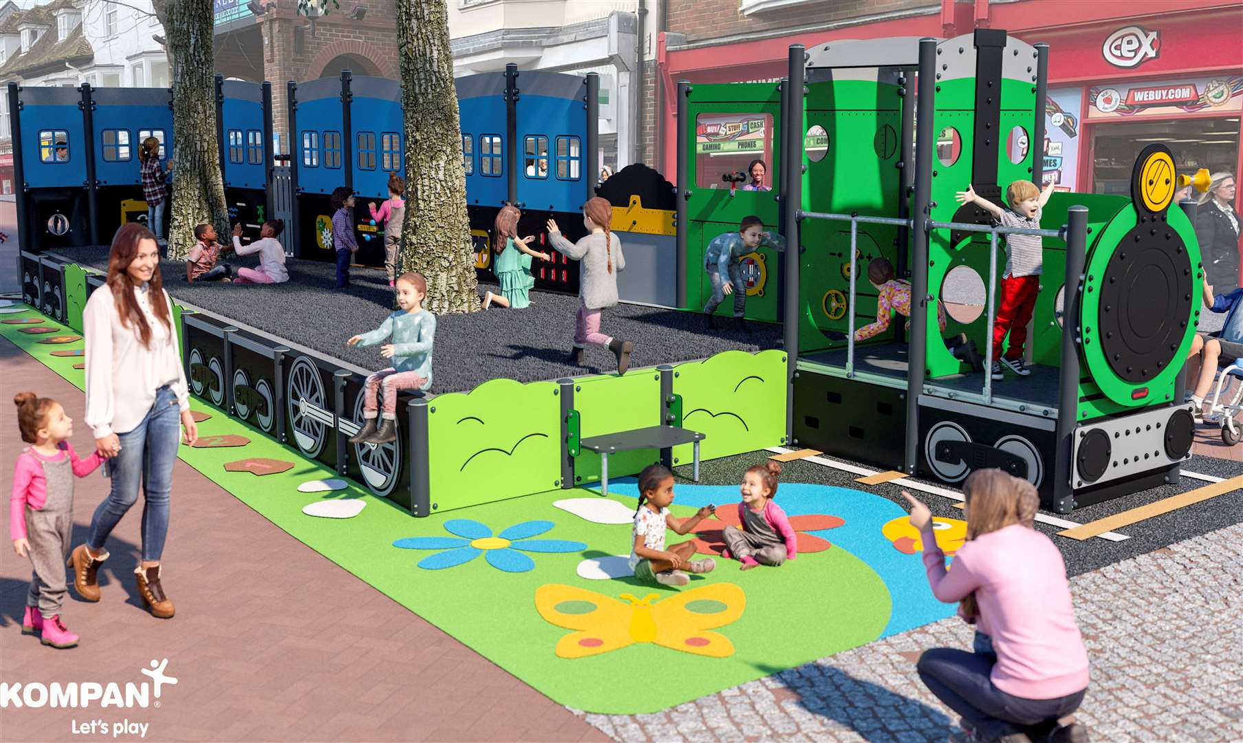 How the new train-themed play area will look in Ashford’s town centre. Picture: KOMPAN