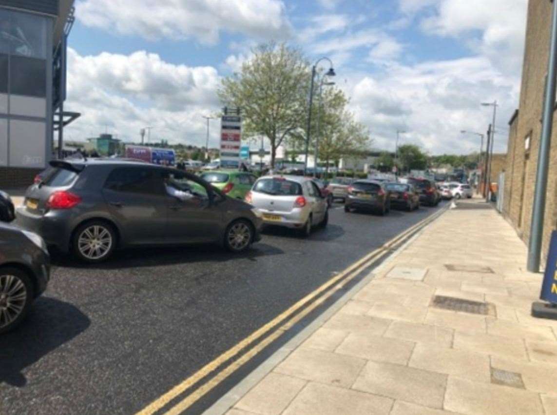 Traffic queues on Commercial Road, Strood as the High Street was closed to traffic in May