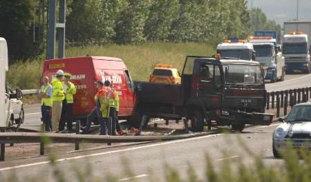 One of the five vehicles involved smashed into the crash barrier. Picture: BARRY GOODWIN