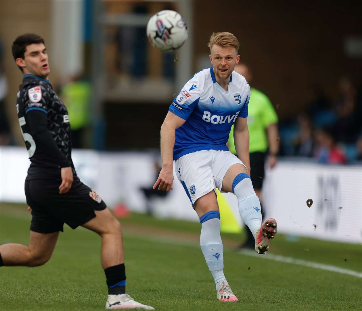 Defender Max Clark clips the ball forward for Gillingham in this month’s 1-1 home draw with Tranmere at Priestfield. Picture: Julian_KPI