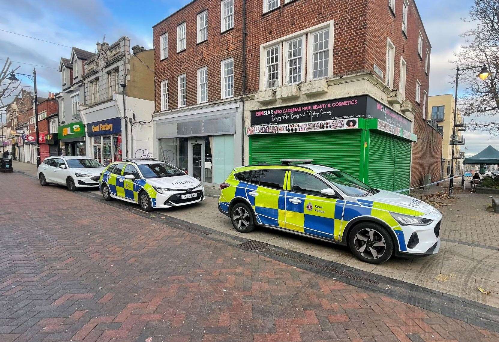 Police have taped off the area around Eunistar Afro Caribbean Hair, Beauty and Cosmetics in Gillingham High Street