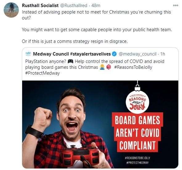 Medway Council's approach about a Covid safe Christmas by avoiding playing board games and instead choosing video games in a public health message campaign has been criticised by residents online