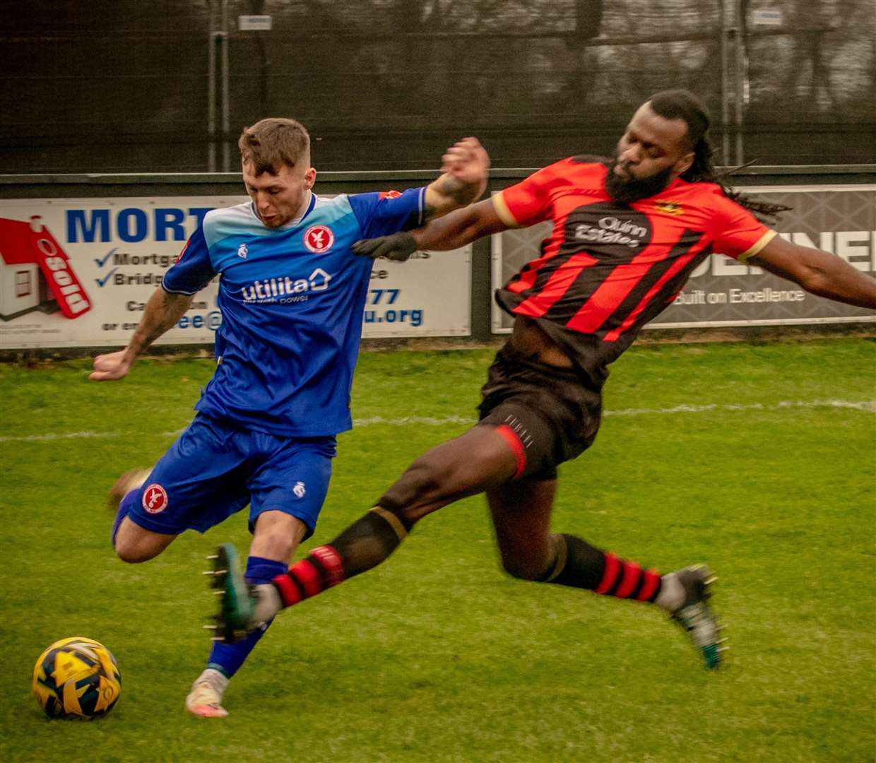 Duane Acheampong puts himself about during the Brickies' 2-0 defeat by Whitehawk. Picture: Glen Smith