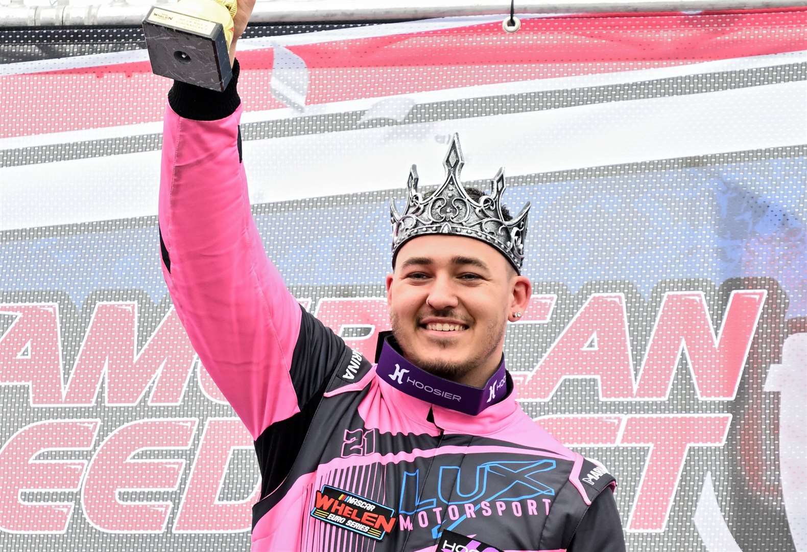 Jack Davidson celebrates becoming the first British driver to win a NASCAR Whelen Euro Series race. Picture: Simon Hildrew