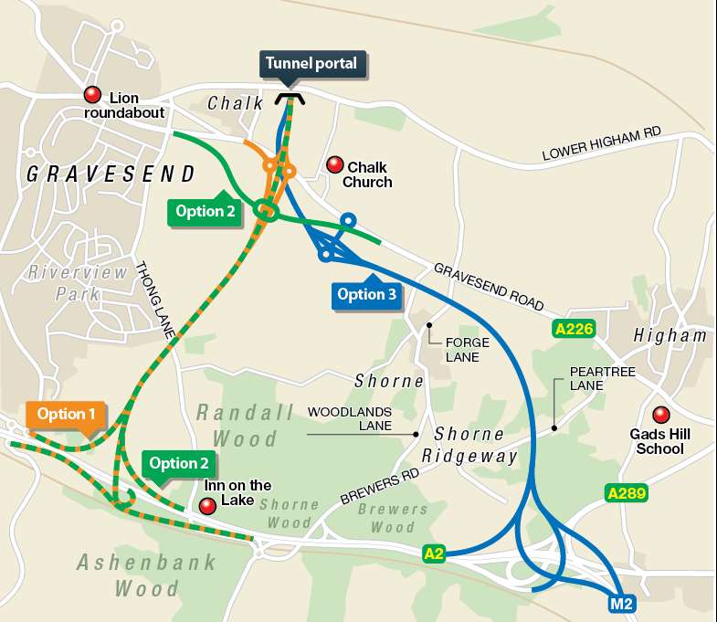 The routes for the proposed Lower Thames Crossings