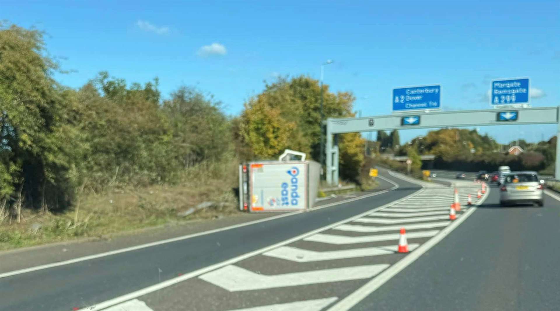 The exit slip-road on the coastbound M2 at Junction 7 closed because of an overturned lorry. Picture: Tony Miller