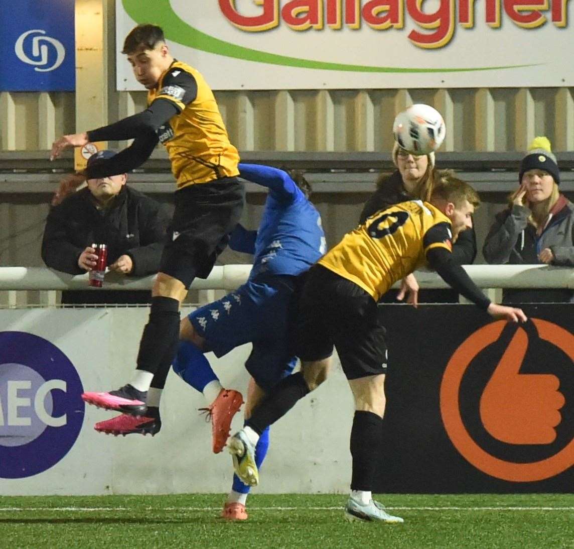 Goalscorers Ryan Galvin and Jack Barham in the thick of the action on Tuesday night. Picture: Steve Terrell