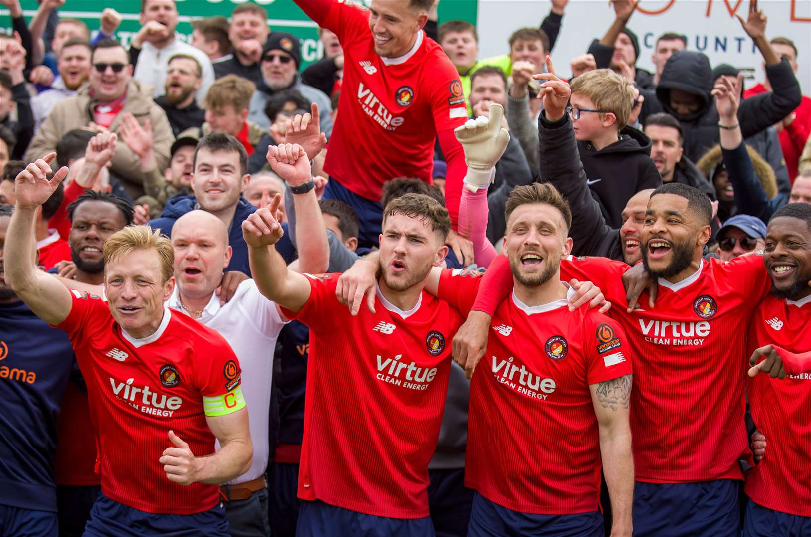 Ebbsfleet celebrate National League survival at Boreham Wood on the final day of last season. Picture: Ed Miller/EUFC