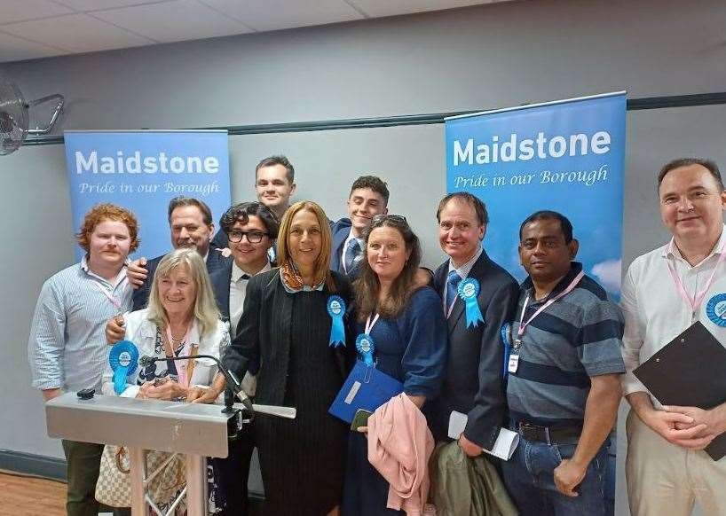 Helen Grant celebrating with her team after winning the Maidstone and Malling seat