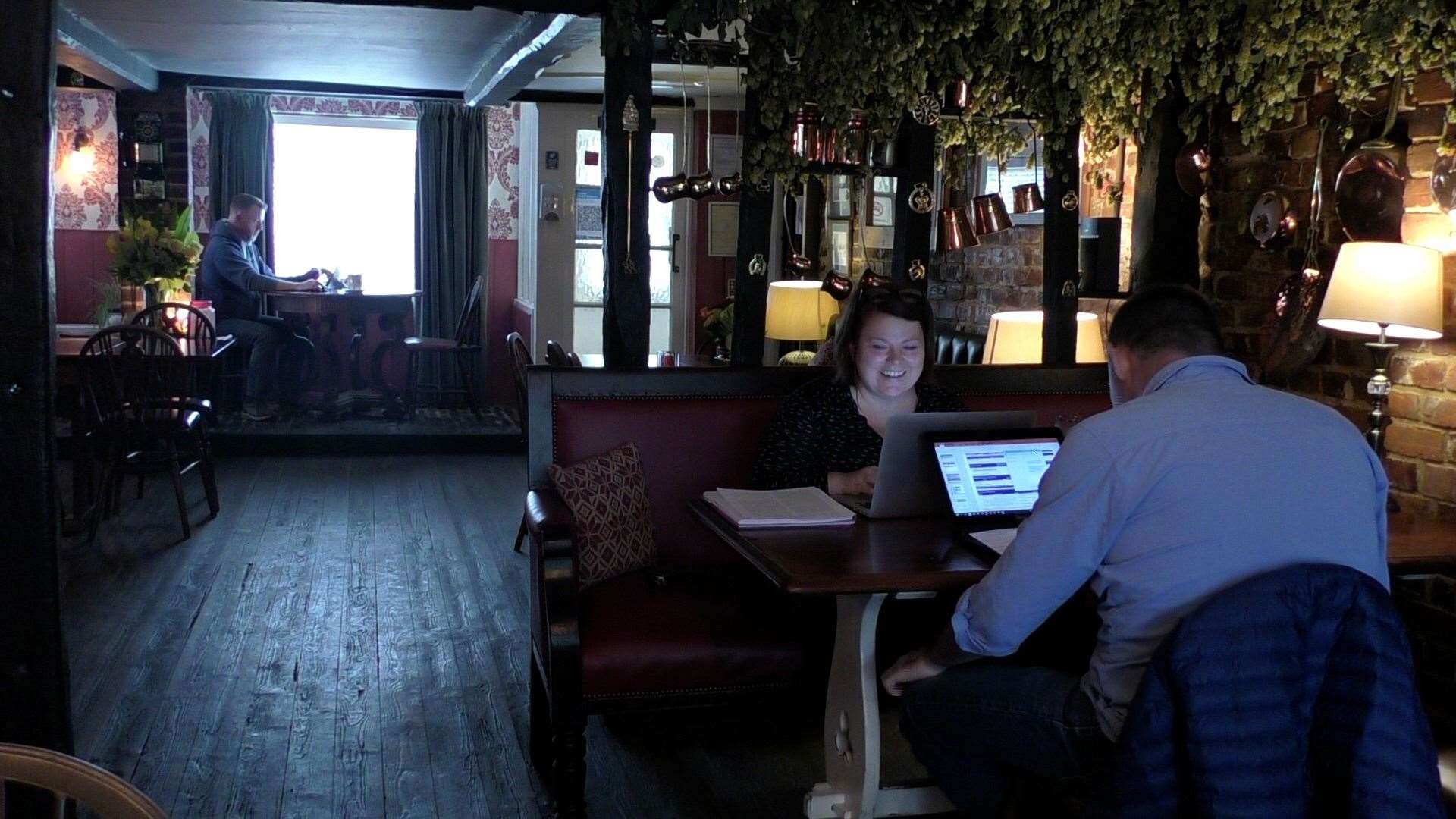 At work at a pub desk at the Red Lion, Badlesmere. Picture: KMTV