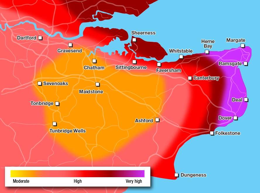 Kent's pollution map - the purple areas are of very high pollution, with red marked as high. Graphic: Ashley Austen