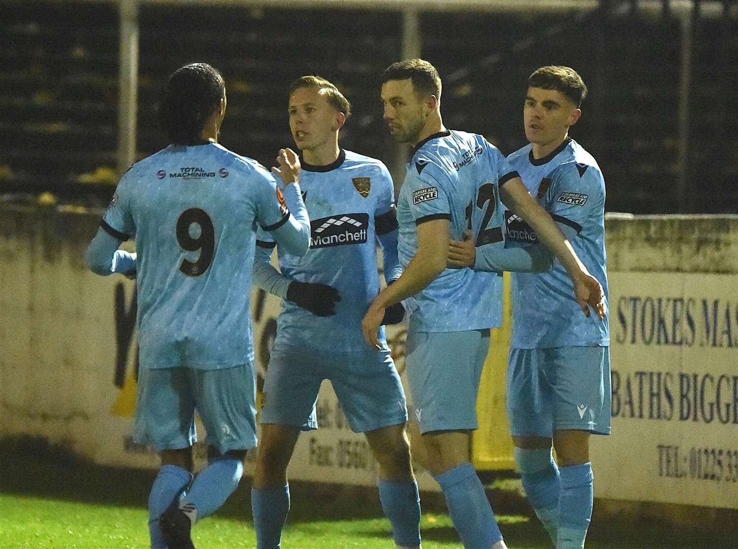 Sam Corne, second left, celebrates his injury-time equaliser with Aaron Blair, Greg Cundle and Ben Brookes. Picture: Steve Terrell