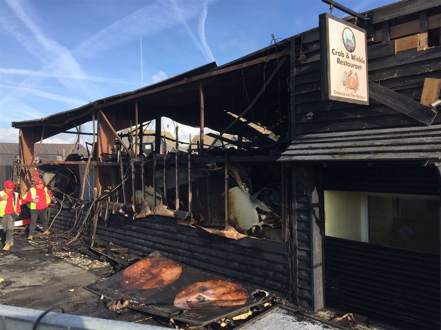 The aftermath of the cockle shed fire at Whitstable Harbour