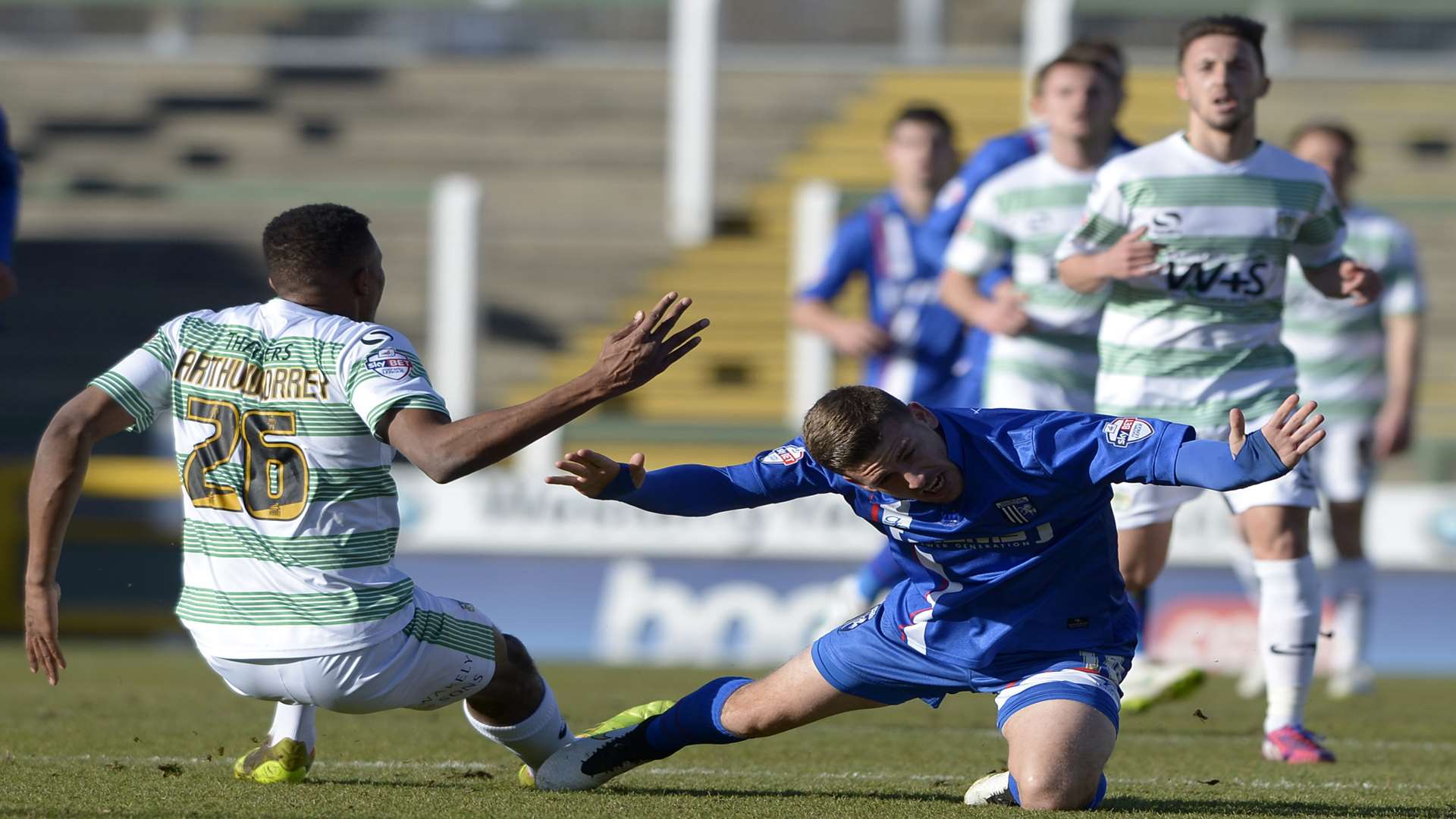 Cody McDonald takes a tumble during Gillingham's 2-2 draw with Yeovil Picture: Barry Goodwin