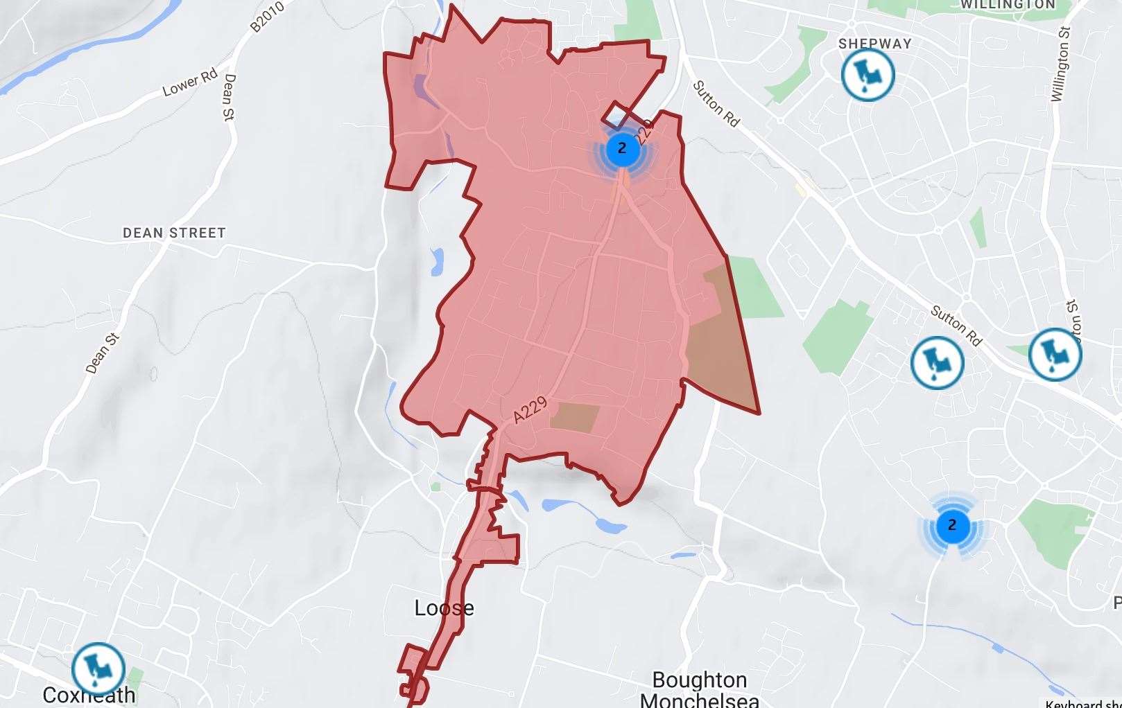 The affected area in Loose that is without water. Picture: South East Water