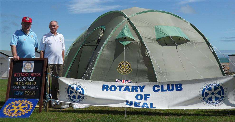 Howard Binsted and Stephen Misson from the Rotary Club of Deal with the tent, just part of the contents of a ShelterBox