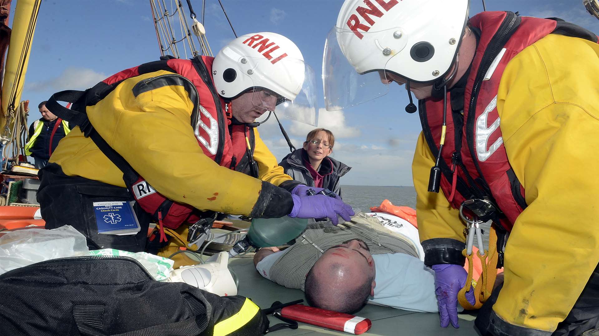 Lifeboat volunteers Mike Dinley and Rob Nicholls in action during the exercise