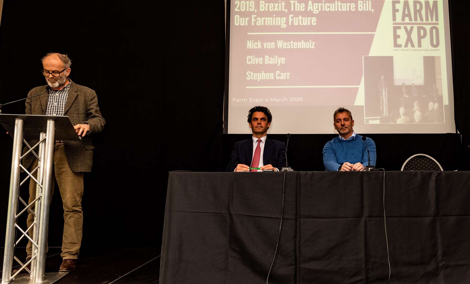 Stephen Carr (speaking), Nick von Westenholz and Clive Bailye address the audience at Farm Expo about the agricultural bill, Brexit and the future of farming (7865709)