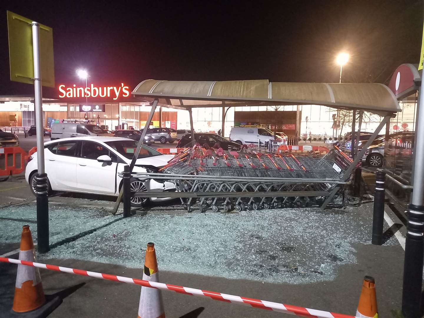 The car smashed into a trolley bay at Bybrook Sainsbury's