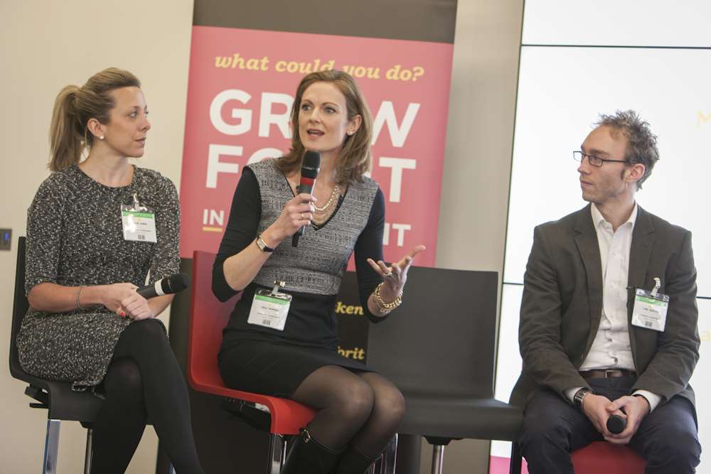 Angel investor Dale Murray, centre, speaking alongside Jude Ower of Playmob and Sleeping Giant Media founder Luke Quilter