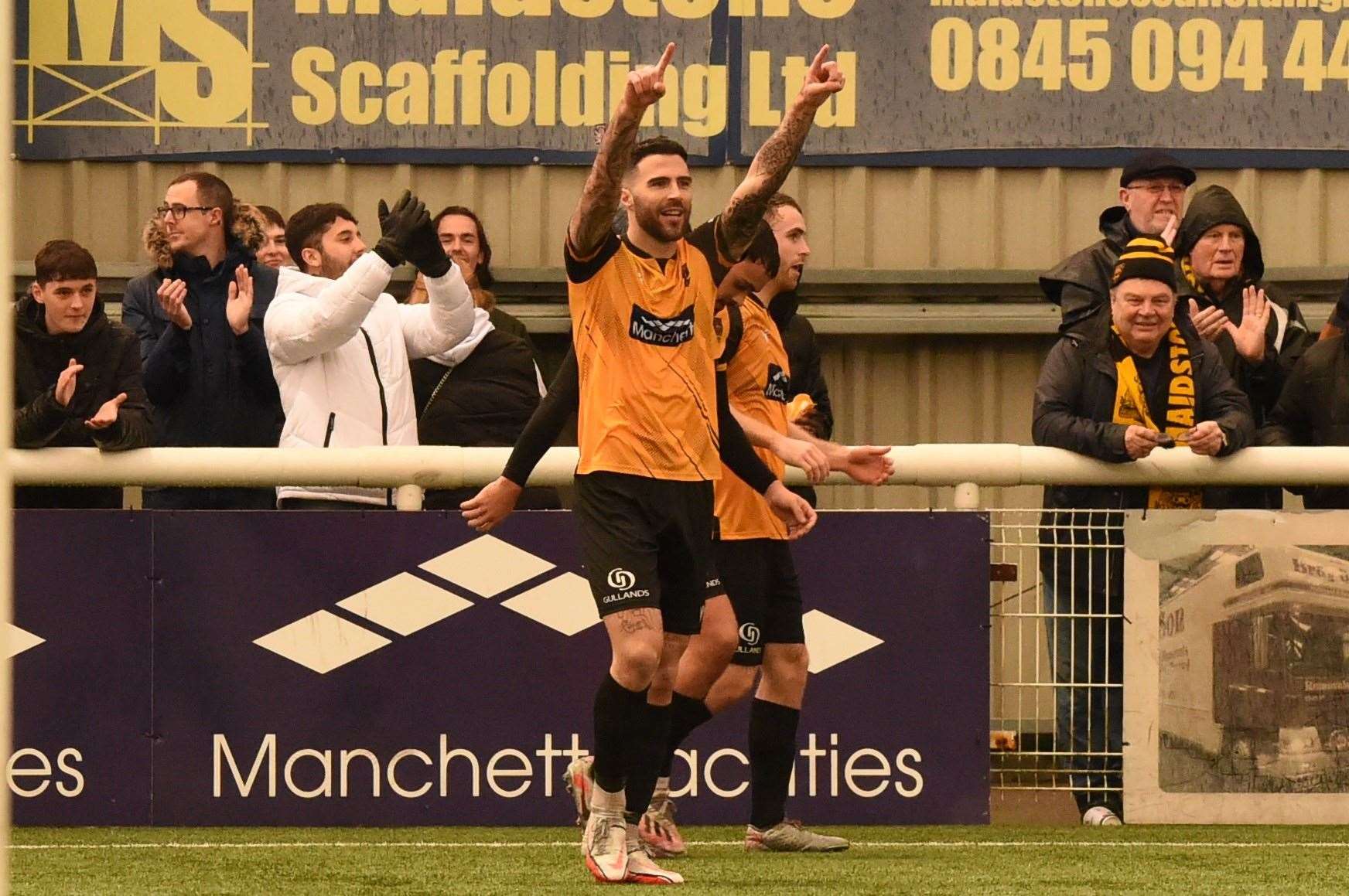 Maidstone winger Joan Luque celebrates his goal Picture: Steve Terrell