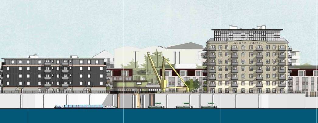 Proposed view of what block C, the relocated and refurbished crane, cafe, and block A of the Acorn Wharf development might look like from the river. Photo: Offset Architects