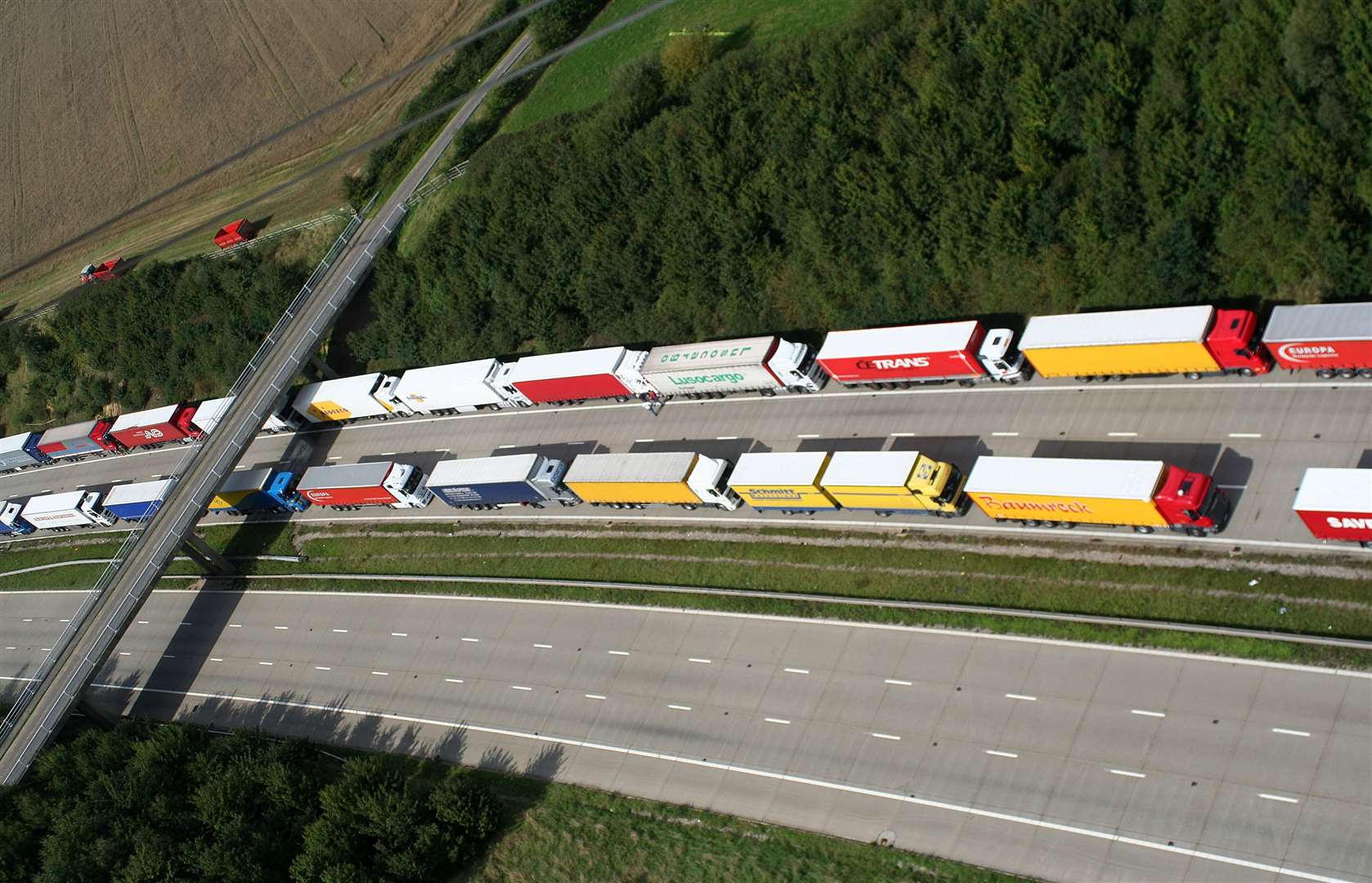 Lorries stacking up on the M20 in Ashford as part of Operation Brock. Picture: Geoff Hall