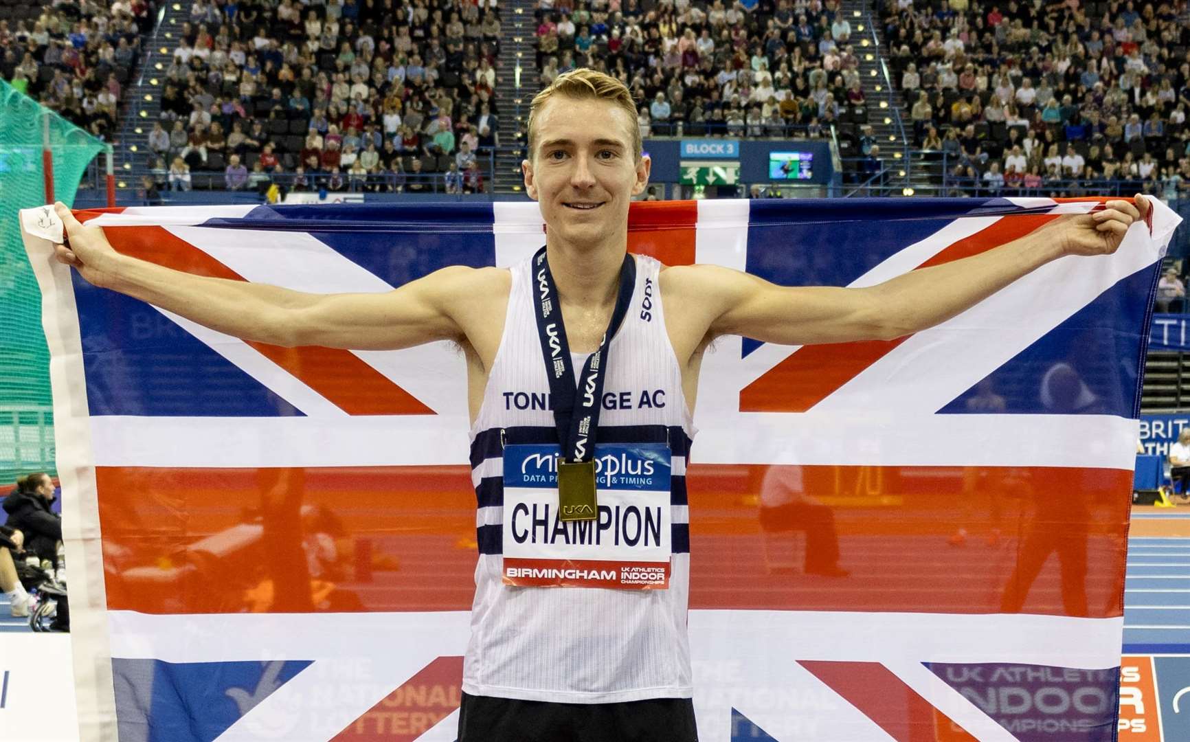 James West celebrates retaining his indoor British Championship 3,000m title last month in Birmingham. Picture: Aaron Badkin