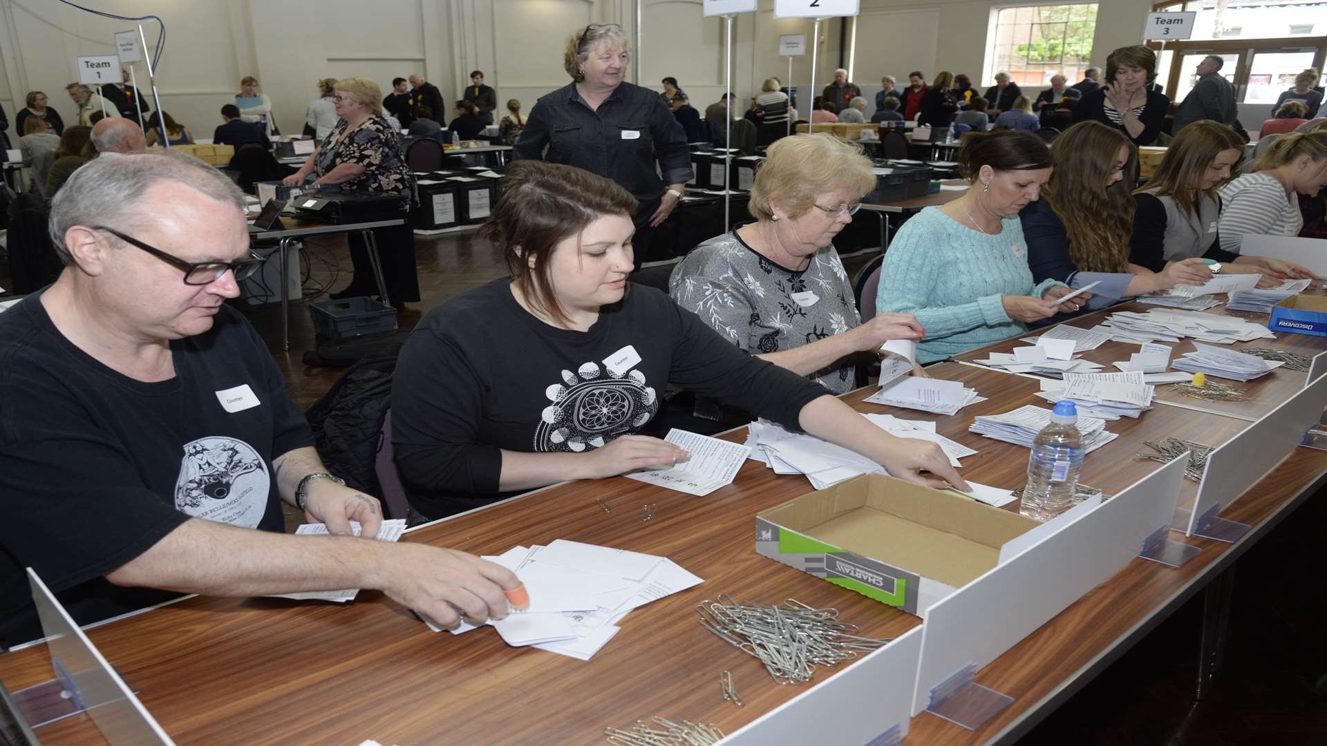 Votes being counted in the Westgate Hall, Canterbury.