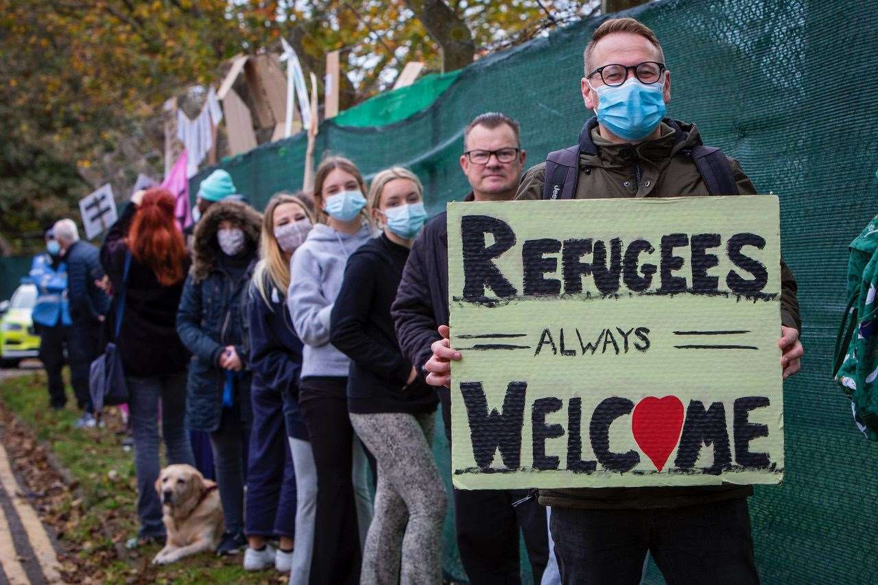 ‘Welcome To Folkestone’ rallies were also held outside the gates to show support. Photo by Andrew Aitchison / In Pictures via Getty Images