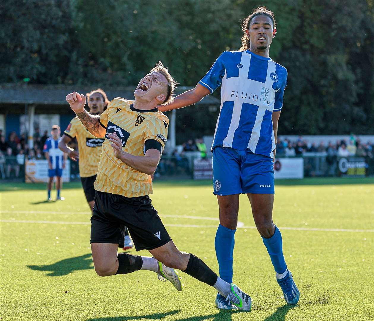 Skipper Sam Corne goes looking for a Maidstone penalty for a foul by Herne Bay's Skye Salmon but nothing is given. Picture: Helen Cooper