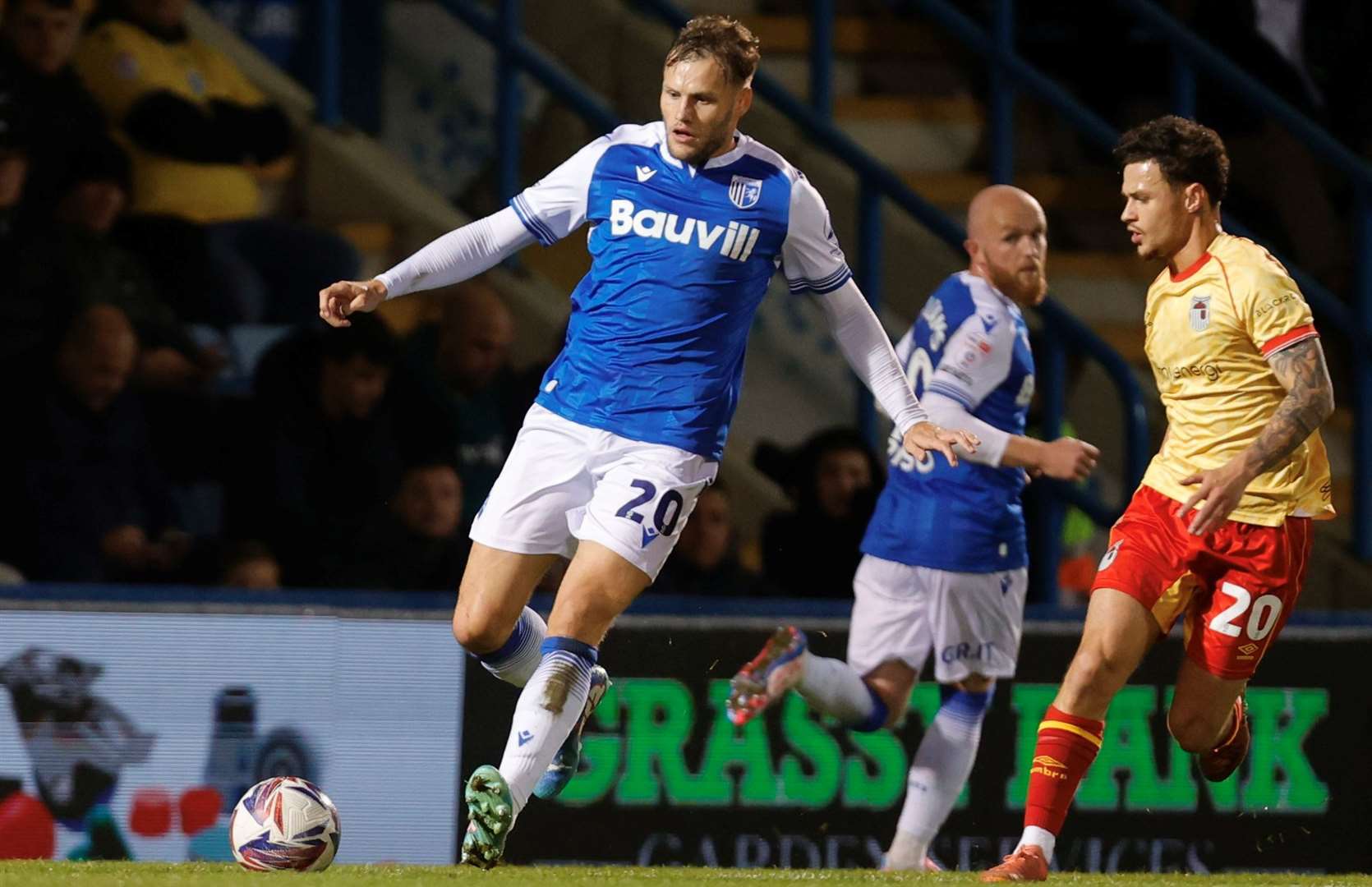 Elliott Nevitt on the attack for Gillingham against Grimsby Town on Tuesday night Picture: @Julian_KPI