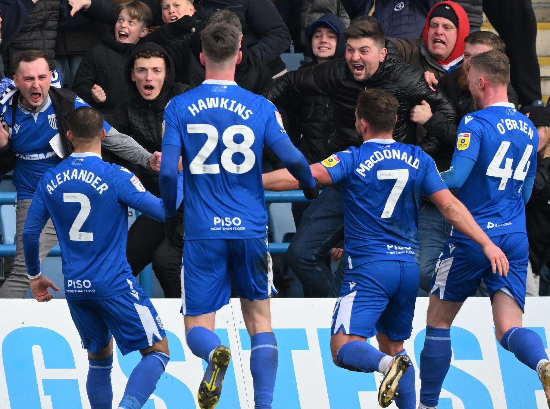 Gillingham celebrate after Cheye Alexander scores the winner in their 2-1 win over AFC Wimbledon. Picture: Keith Gillard