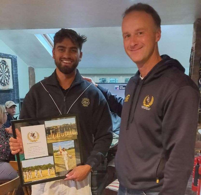 Cameron Monteith with Harbledown club chairman Will Halliday, who presented him with a gift after his final knock for the club