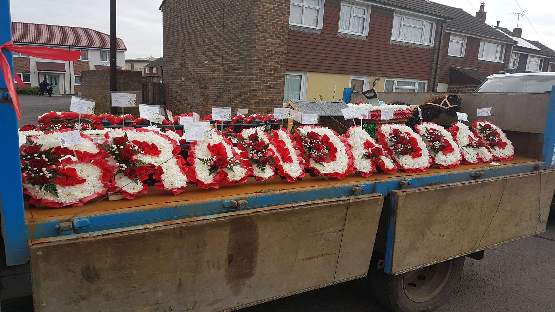 The flowers on the pick-up truck