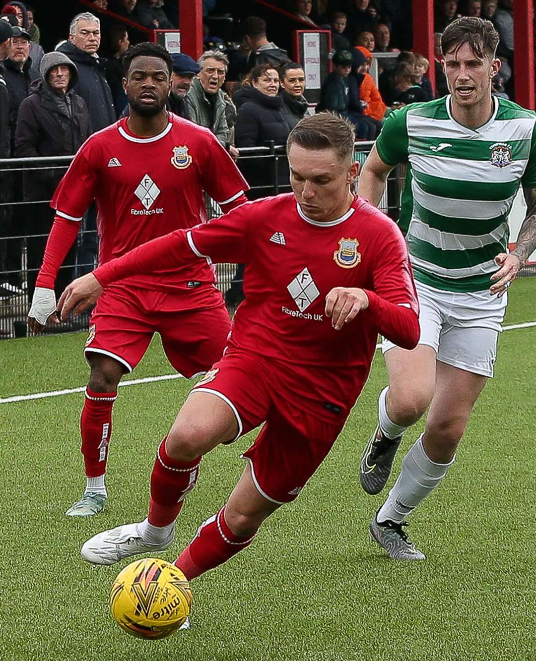 Midfielder Josh Oliver dictates the play in Whitstable’s 2-0 win against Corinthian last weekend. Picture: Les Biggs